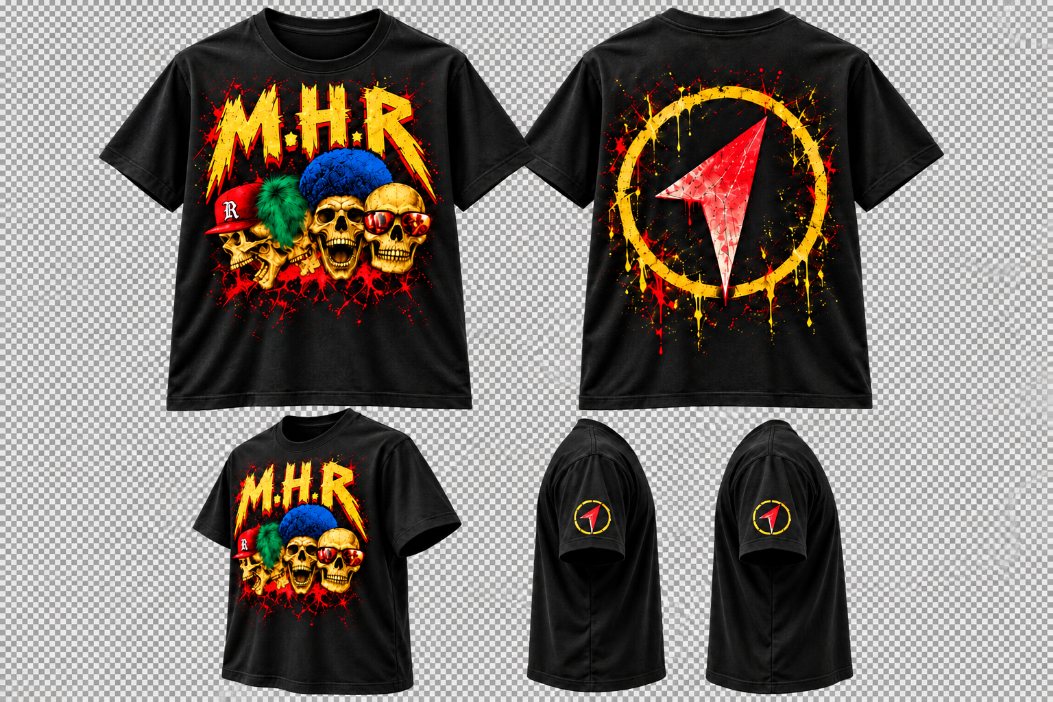 Camiseta oficial preta da M.H.R. em cinco ângulos