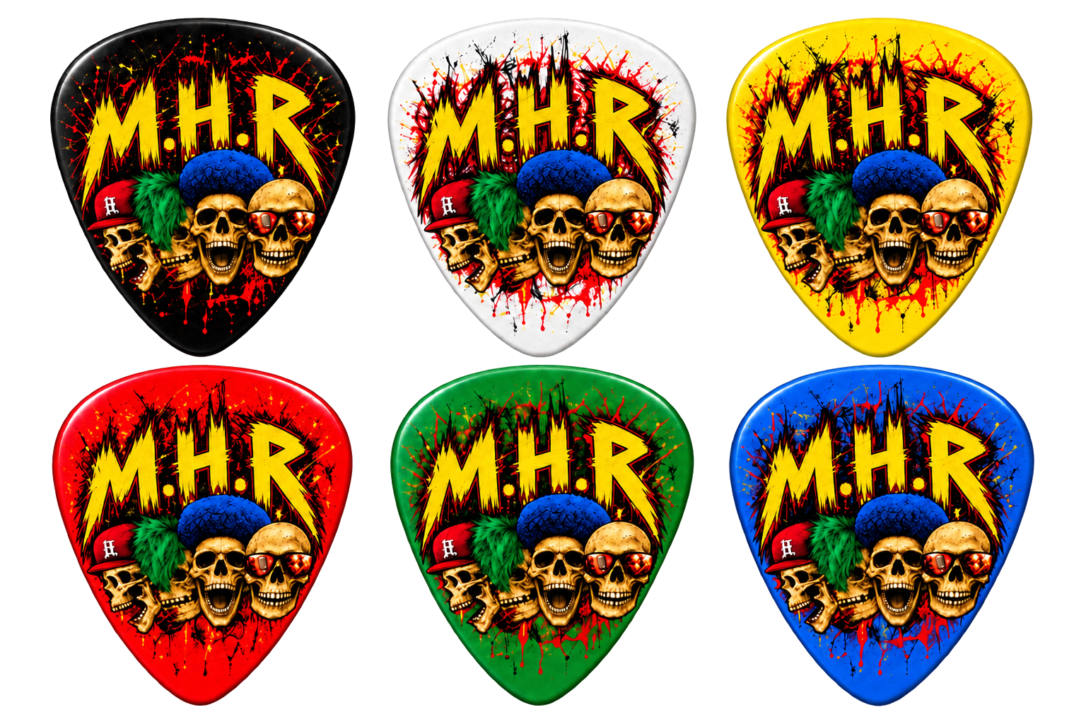 Seis modelos coloridos de palhetas de guitarra da M.H.R.